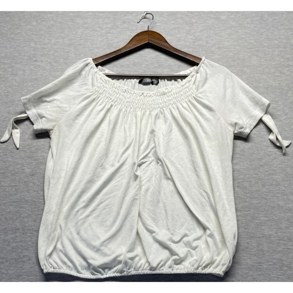 Cure Blouse Top Women XL White Stretch Smocked Round Neck Tie Sleeve Elastic Hem